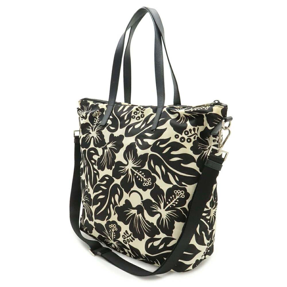 PRADA Prada Tote Bag Shoulder Hibiscus Flower Print Nylon Leather NERO Black ... - Picture 3 of 9